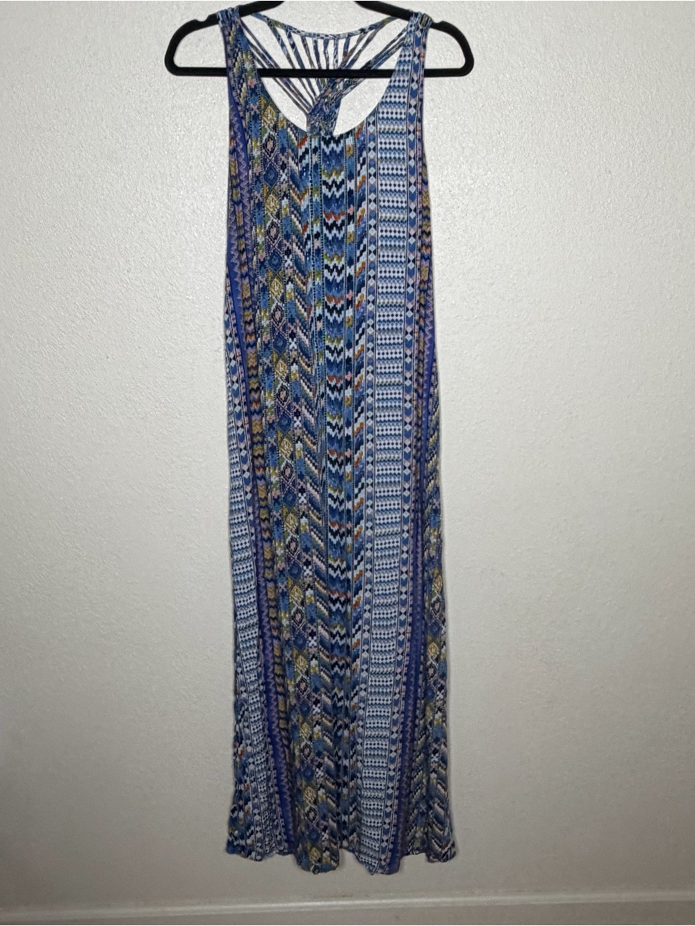 Women’s S Boho Style Multicolor Geometric Tribal Print Maxi Dress Strappy Woven